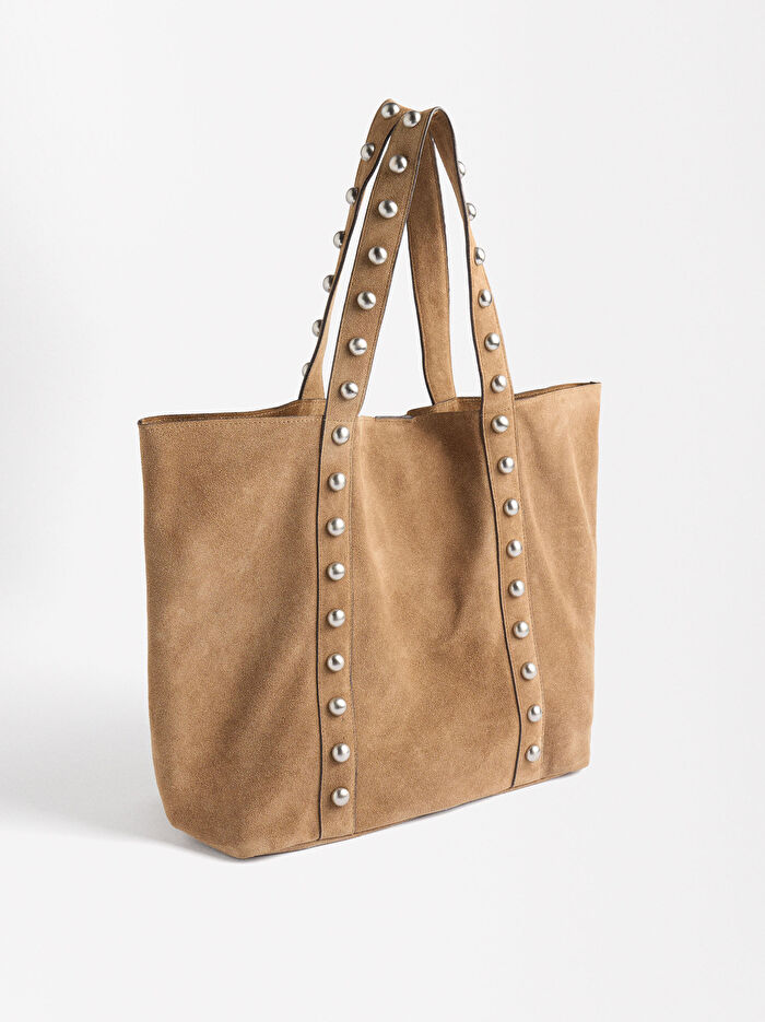 Zımba Detaylı Süet Deri Shopper Çanta
