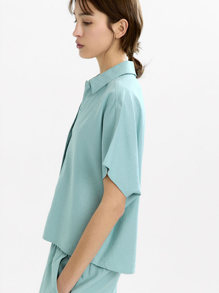 Kısa Kollu Keten Karışımlı Gömlek