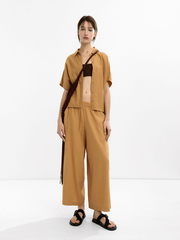 Kısa Kollu Keten Karışımlı Gömlek