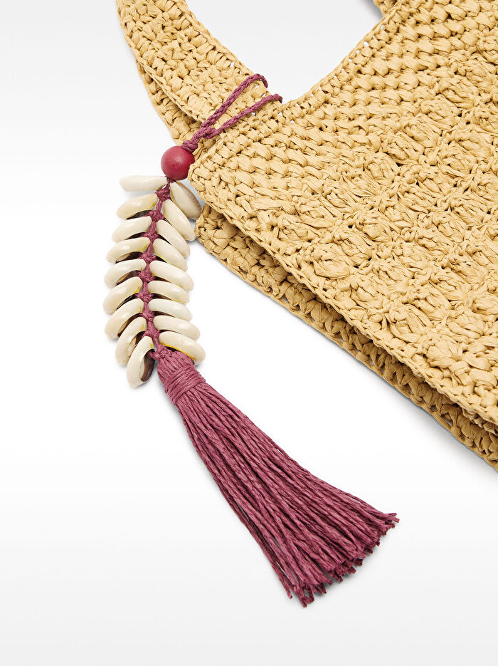 Deniz Kabuklu Aksesuarlı Hasır Tote Çanta M