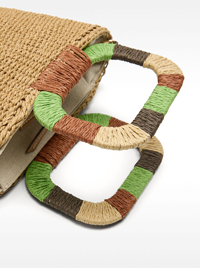 Hasır Efektli ve Çok Renkli Saplı Tote Çanta