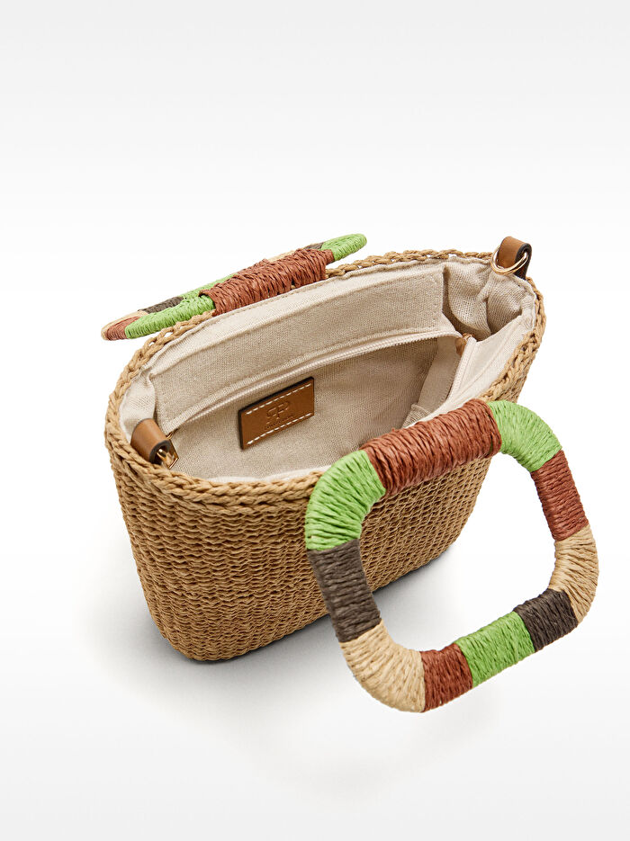 Hasır Efektli ve Çok Renkli Saplı Tote Çanta