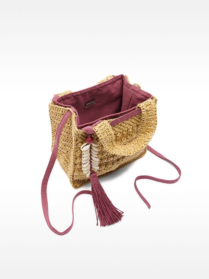 Deniz Kabuklu Aksesuarlı Hasır Tote Çanta M