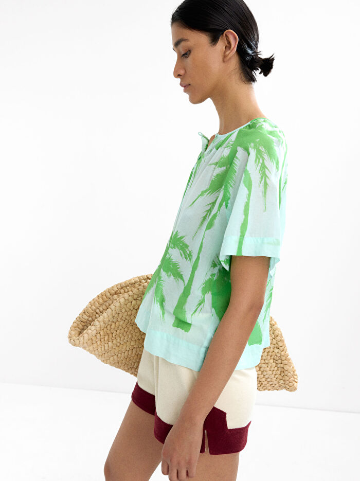 Palmiye Desenli %100 Pamuk Bluz