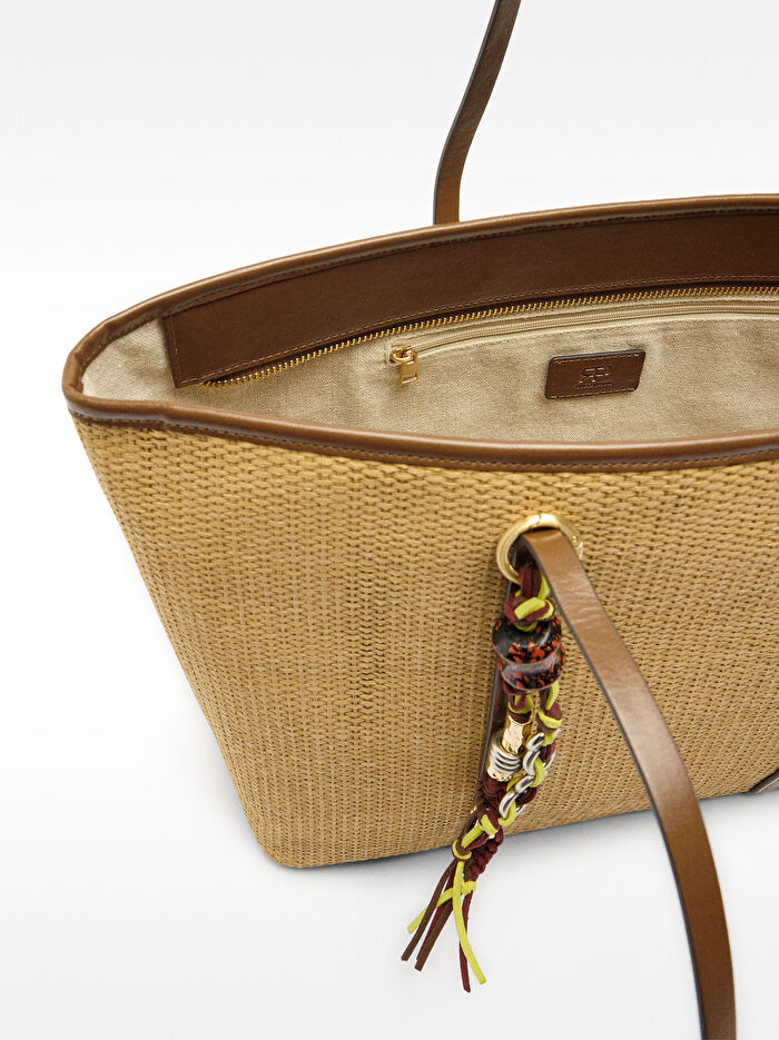 Hasır Efektli Charm'lı Shopper Çanta