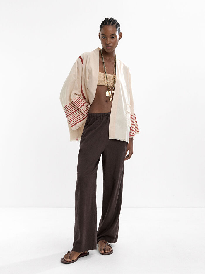 Keten ve Pamuk Karışımlı Desenli Kimono