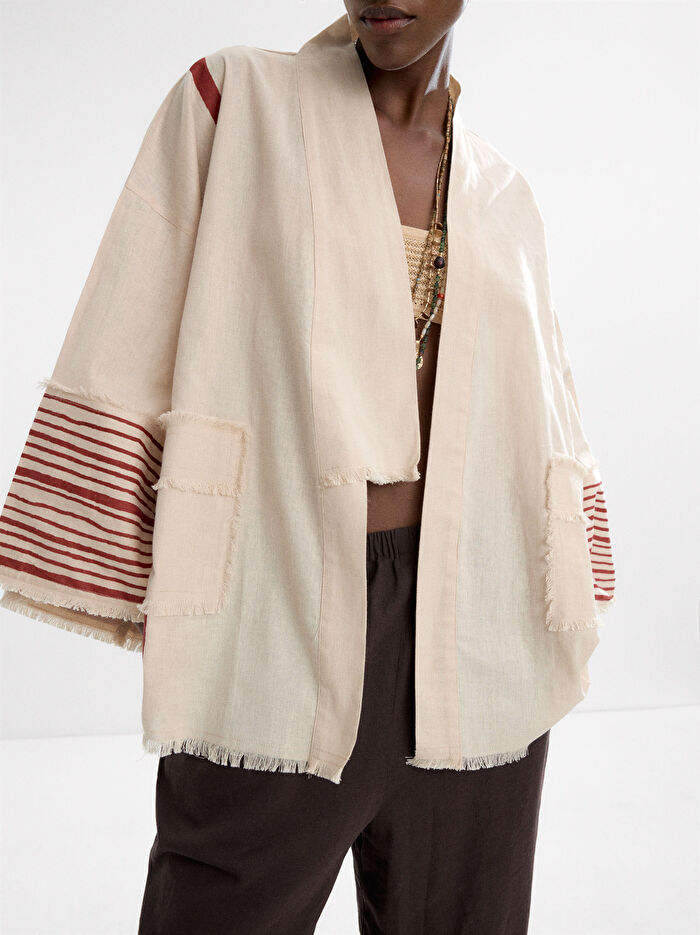 Keten ve Pamuk Karışımlı Desenli Kimono