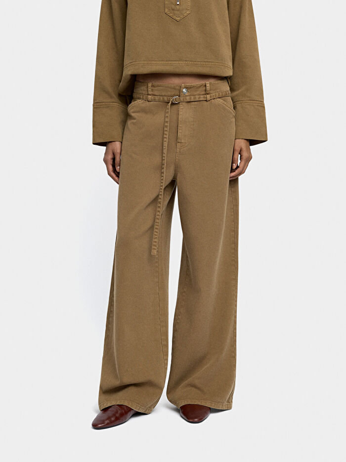 Kemerli Düz Denim Pantolon