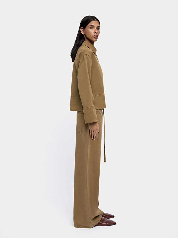 Kemerli Düz Denim Pantolon