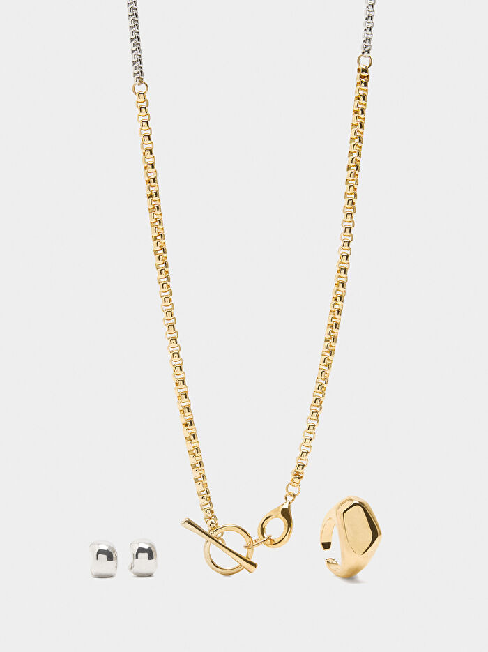 İki Renkli Kolye + Küpe + Yüzük Seti