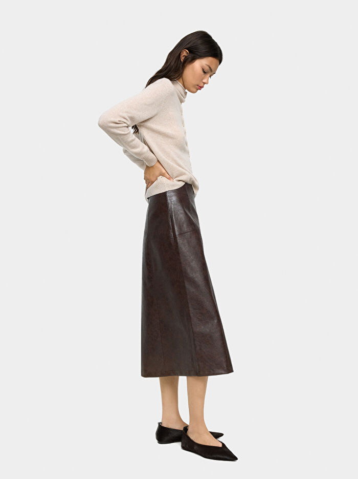Deri Efektli Midi Etek
