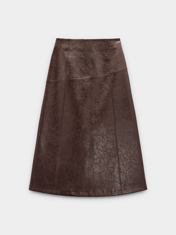 Deri Efektli Midi Etek