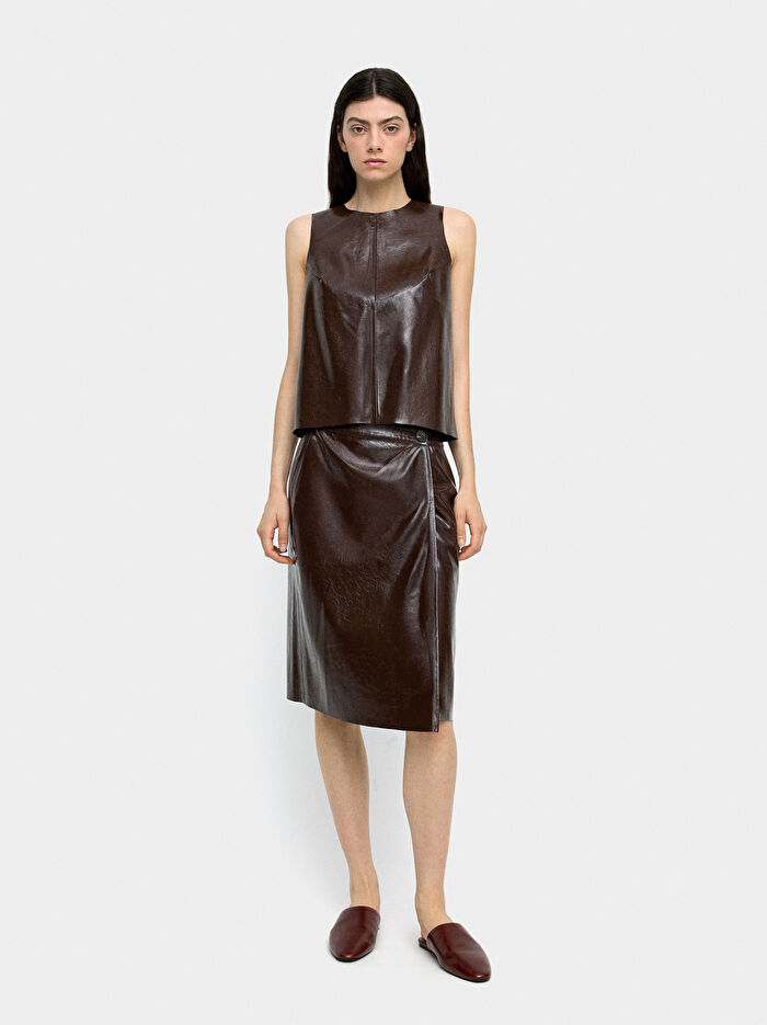 Deri Efektli Midi Etek