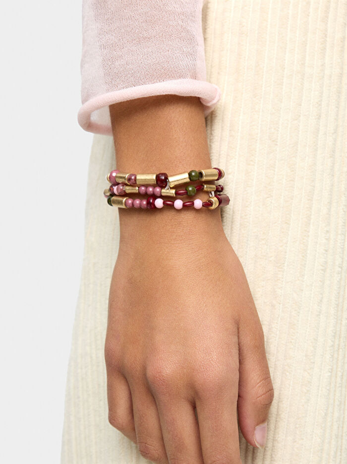 Taş Efektli Boncuklu Elastik Bileklik Seti