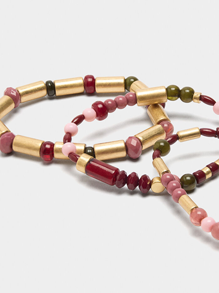 Taş Efektli Boncuklu Elastik Bileklik Seti