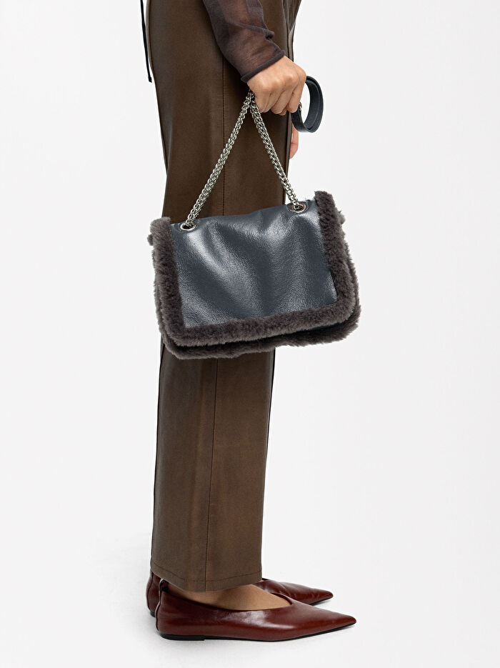 Kürk Efektli Kenarlı Omuz Çantası