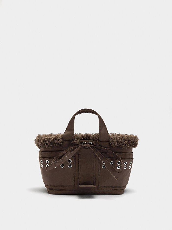 Kürk Efektli Teknik Kumaş Tote Çanta