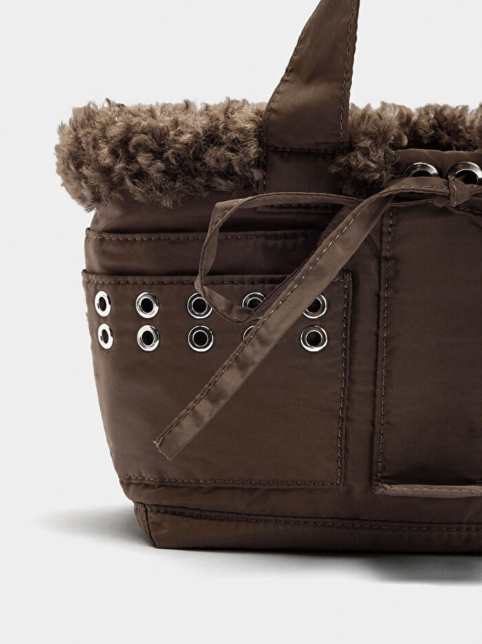 Kürk Efektli Teknik Kumaş Tote Çanta