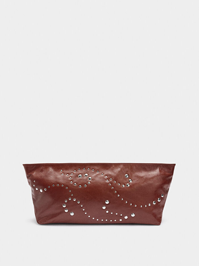 Zımba Detaylı Deri Zarf Parti Çantası