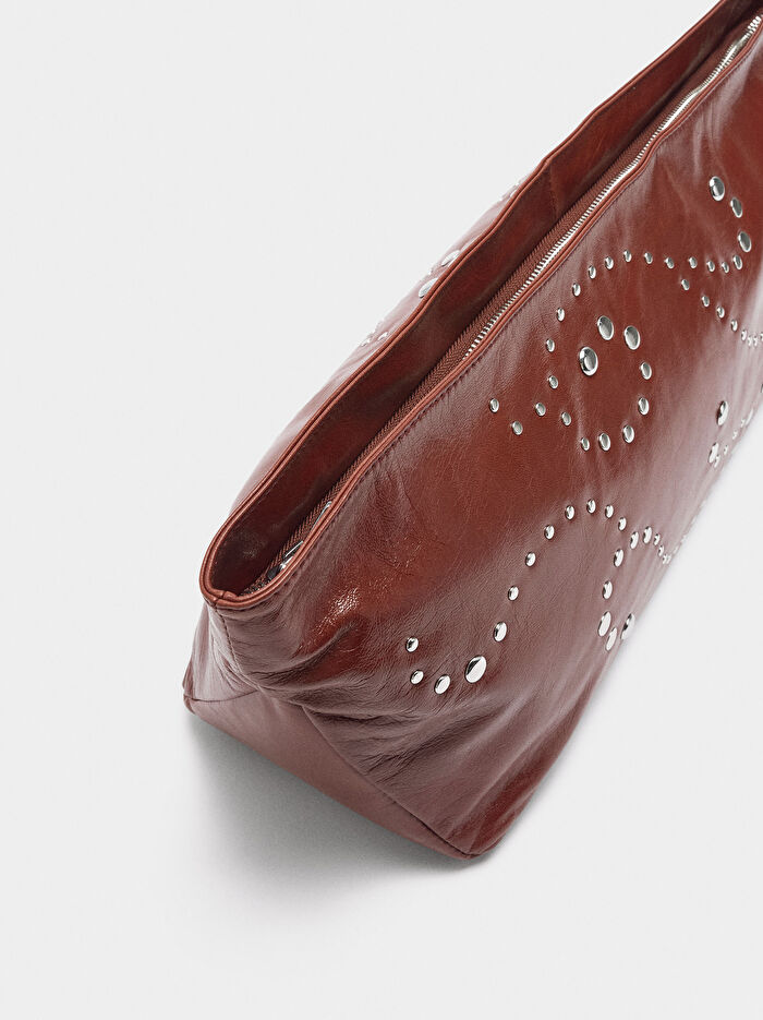 Zımba Detaylı Deri Zarf Parti Çantası