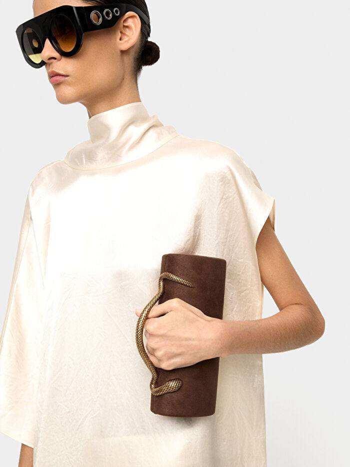 Deri Efektli Silindir Party Çantası