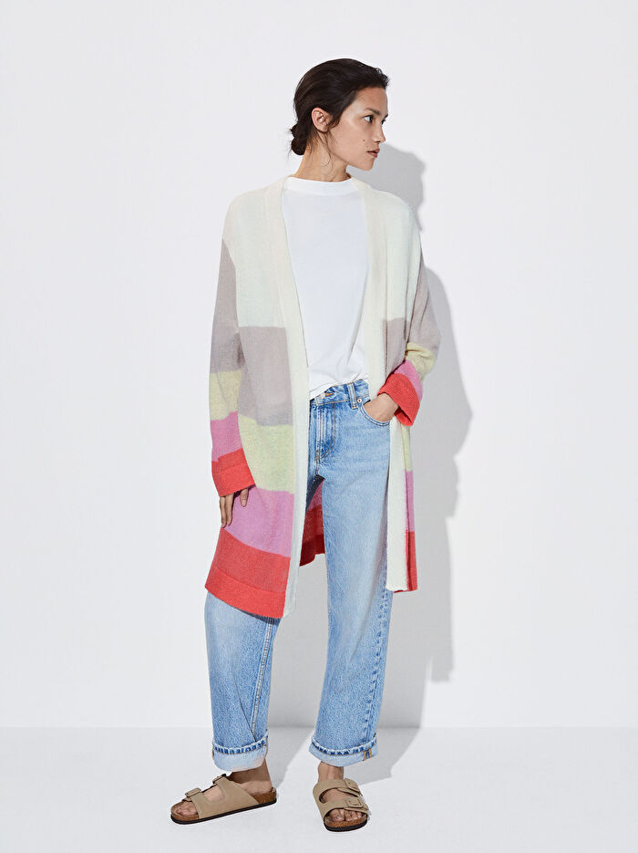 Çizgili Yün Karışımlı Hırka