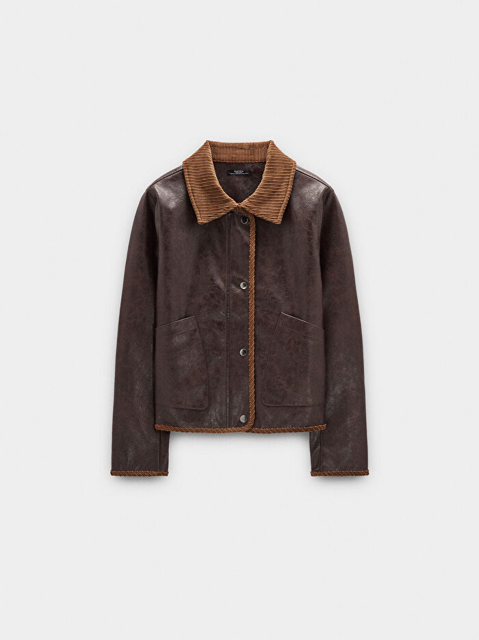 Kontrast Yakalı Deri Efektli Ceket