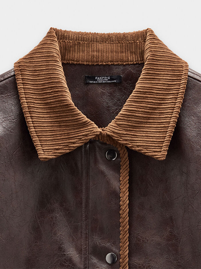 Kontrast Yakalı Deri Efektli Ceket