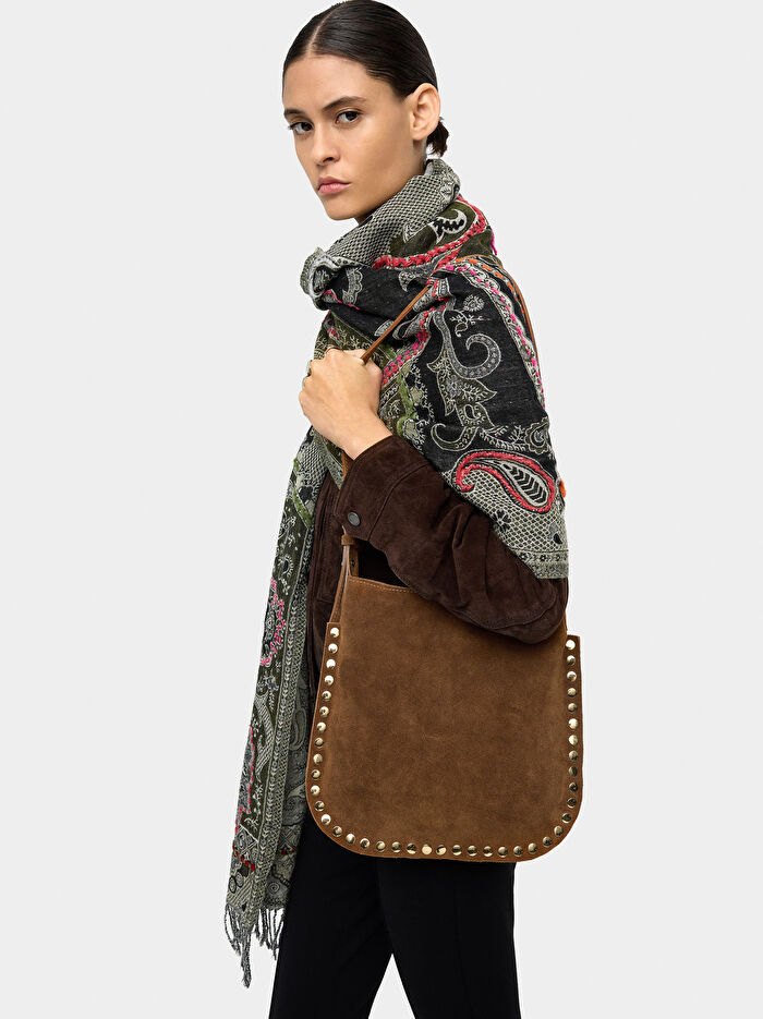 Zımba Detaylı Süet Deri Çapraz Askılı Çanta