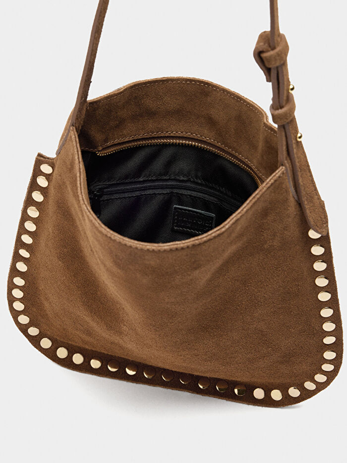 Zımba Detaylı Süet Deri Çapraz Askılı Çanta