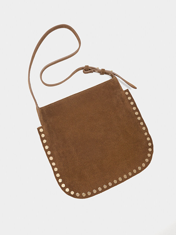 Zımba Detaylı Süet Deri Çapraz Askılı Çanta