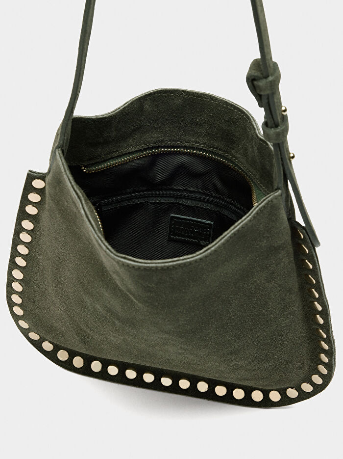 Zımba Detaylı Süet Deri Çapraz Askılı Çanta