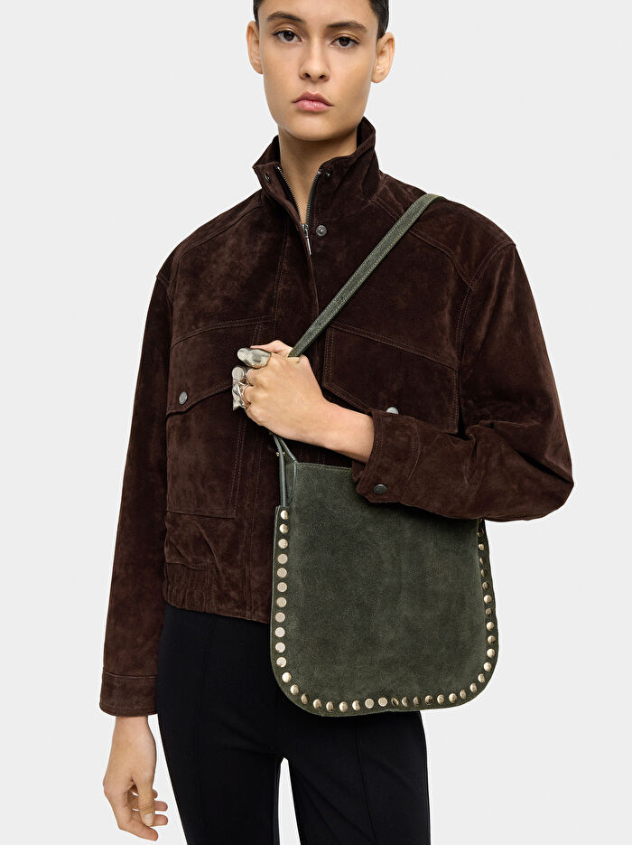 Zımba Detaylı Süet Deri Çapraz Askılı Çanta