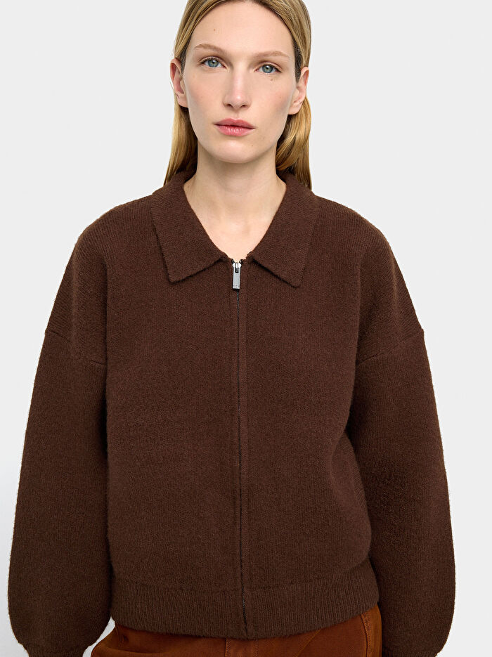 Suni Kürk Yakalı Örme Hırka