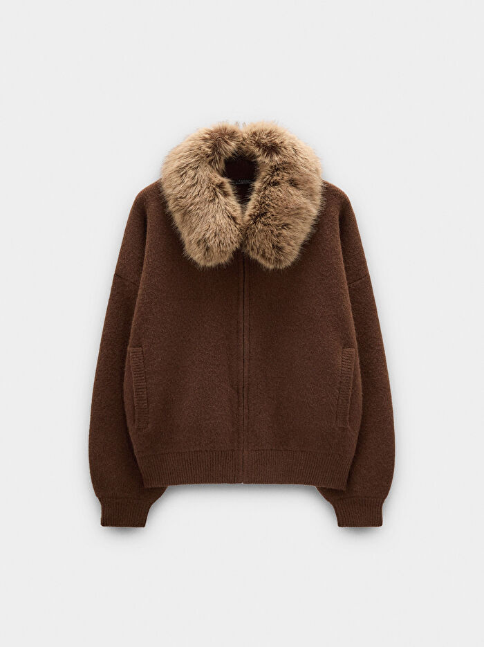 Suni Kürk Yakalı Örme Hırka