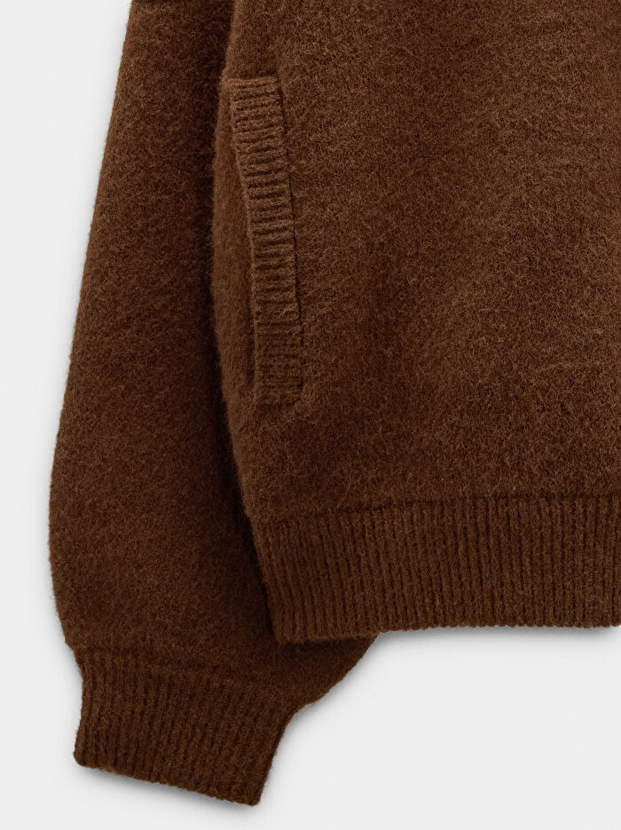 Suni Kürk Yakalı Örme Hırka