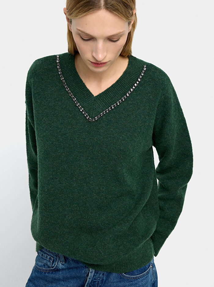 Kristal Detaylı Örme Kazak