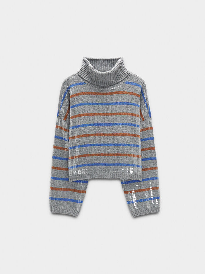 Çizgili ve Payetli Örme Kazak