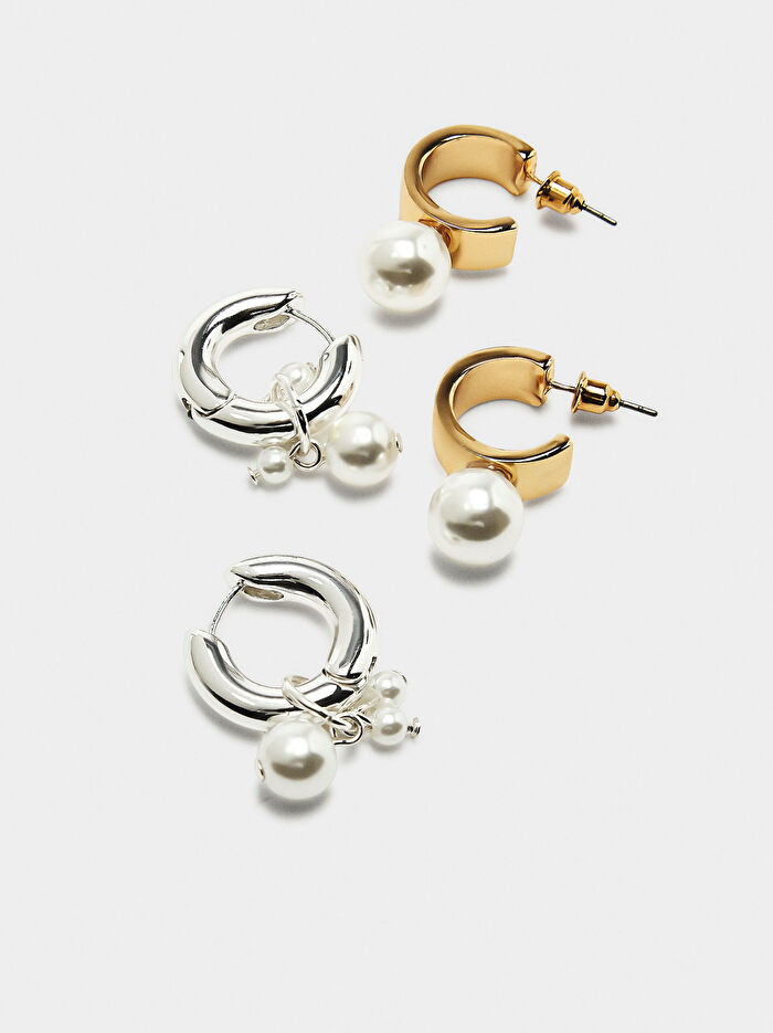 İnci ve Kristalli Halka Küpe Seti