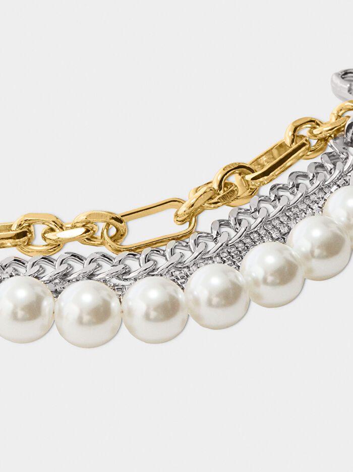 İnci ve İki Renkli Zincirli Kolye