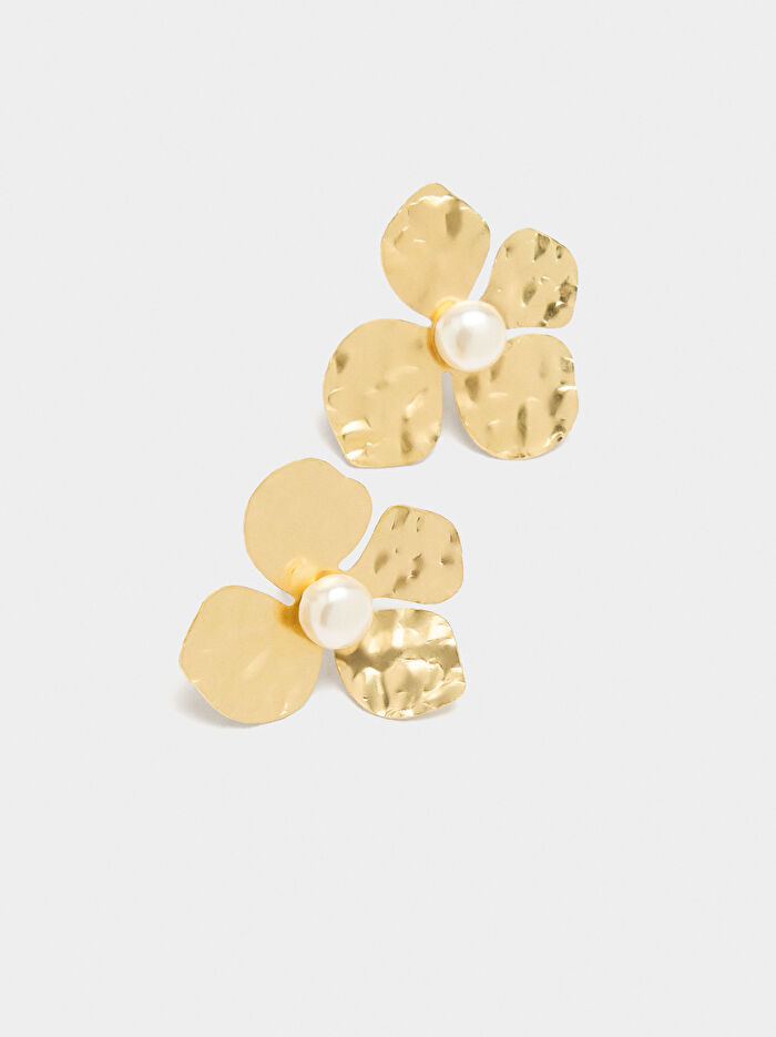 İnci Detaylı Çiçek Motifli Küpe