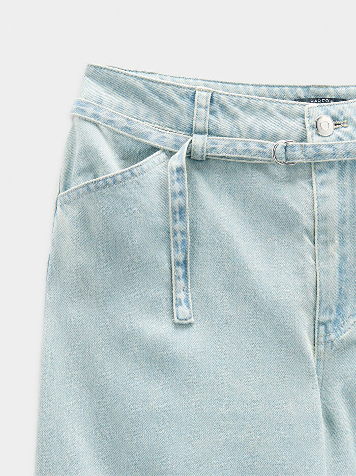 Kemerli Düz Denim Pantolon