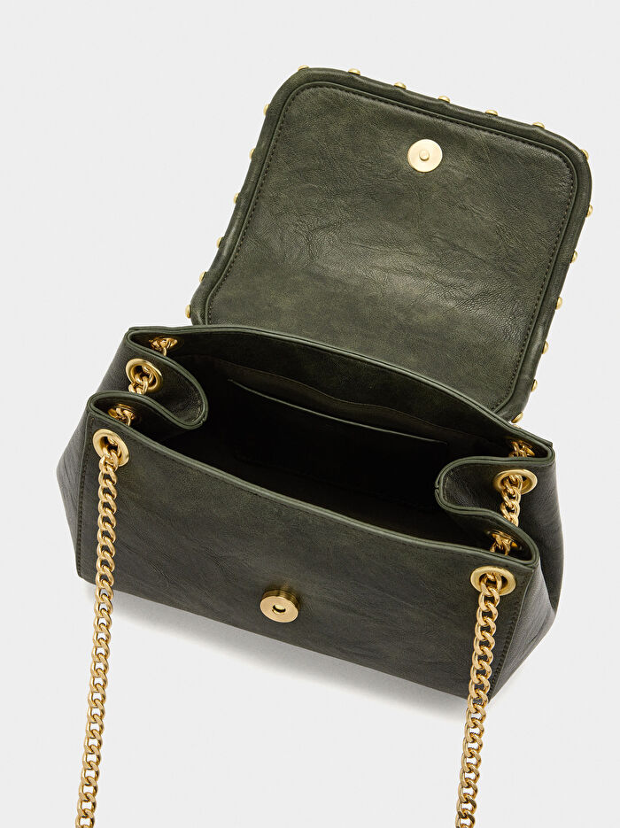 Kapaklı ve Zımbalı Omuz Çantası