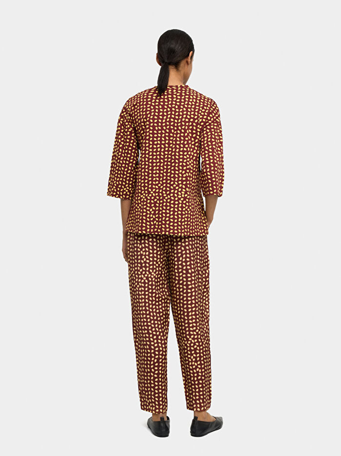 %100 Pamuk Drapeli Detaylı Baskılı Bluz