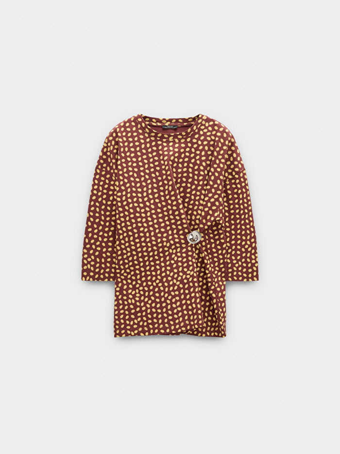 %100 Pamuk Drapeli Detaylı Baskılı Bluz