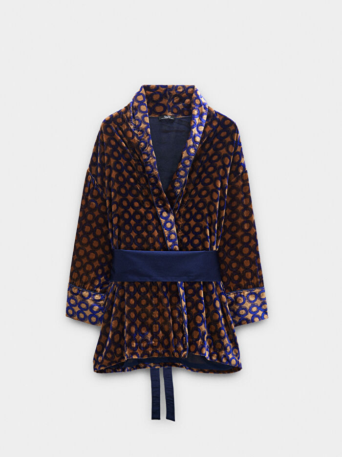 Baskılı Daire Desenli Kadife Kimono