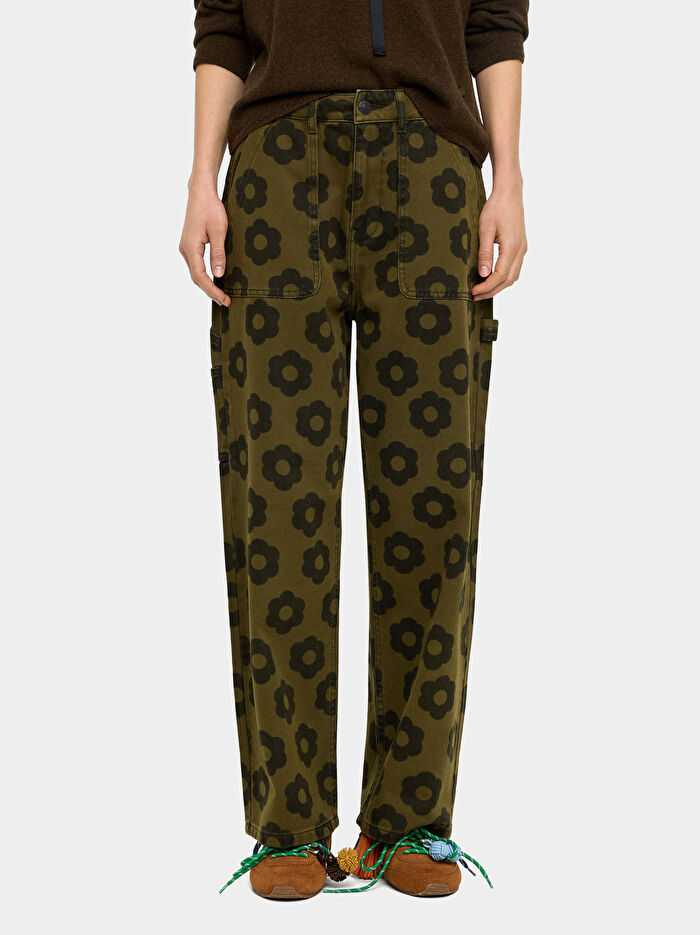 Çiçek Desenli Kot Pantolon