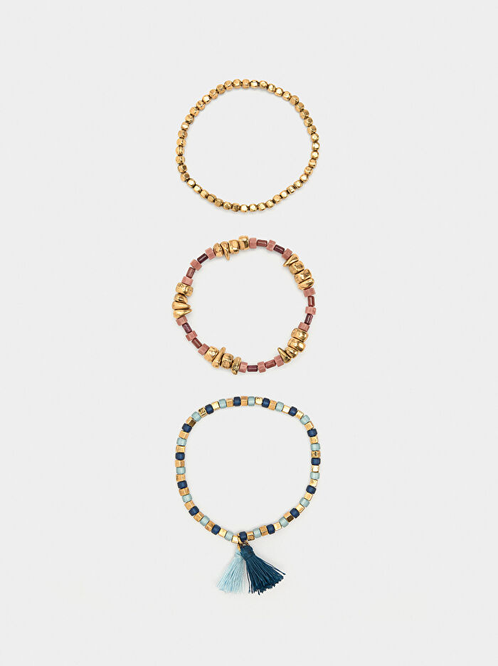 Taşlı ve Püsküllü Esnek Bileklik Seti