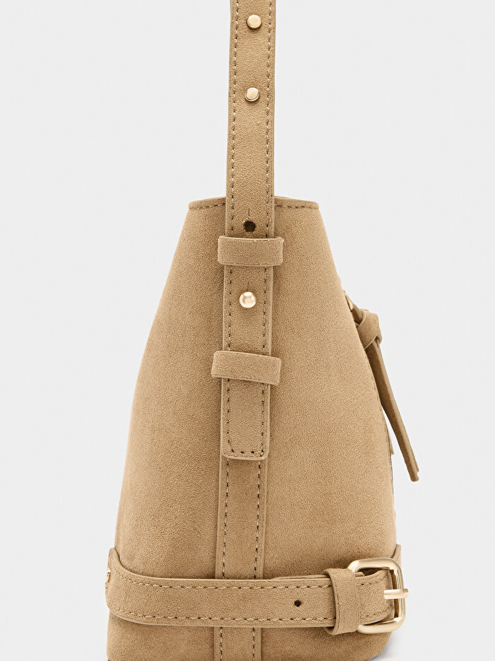 Tokalı Deri Efektli Bucket Çanta