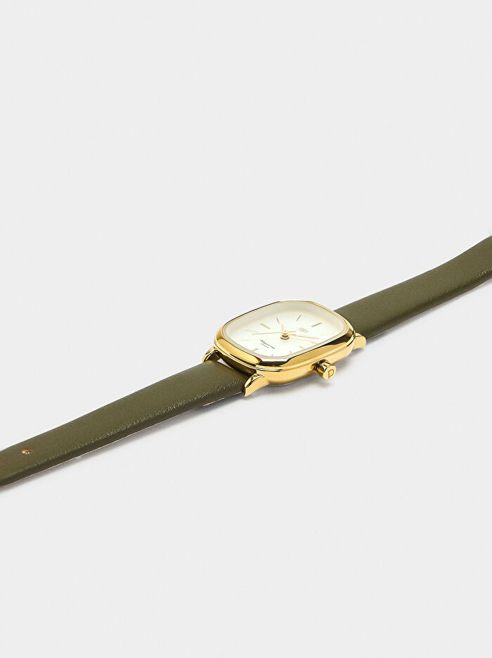 Deri Efektli Kayışlı Dikdörtgen Saat